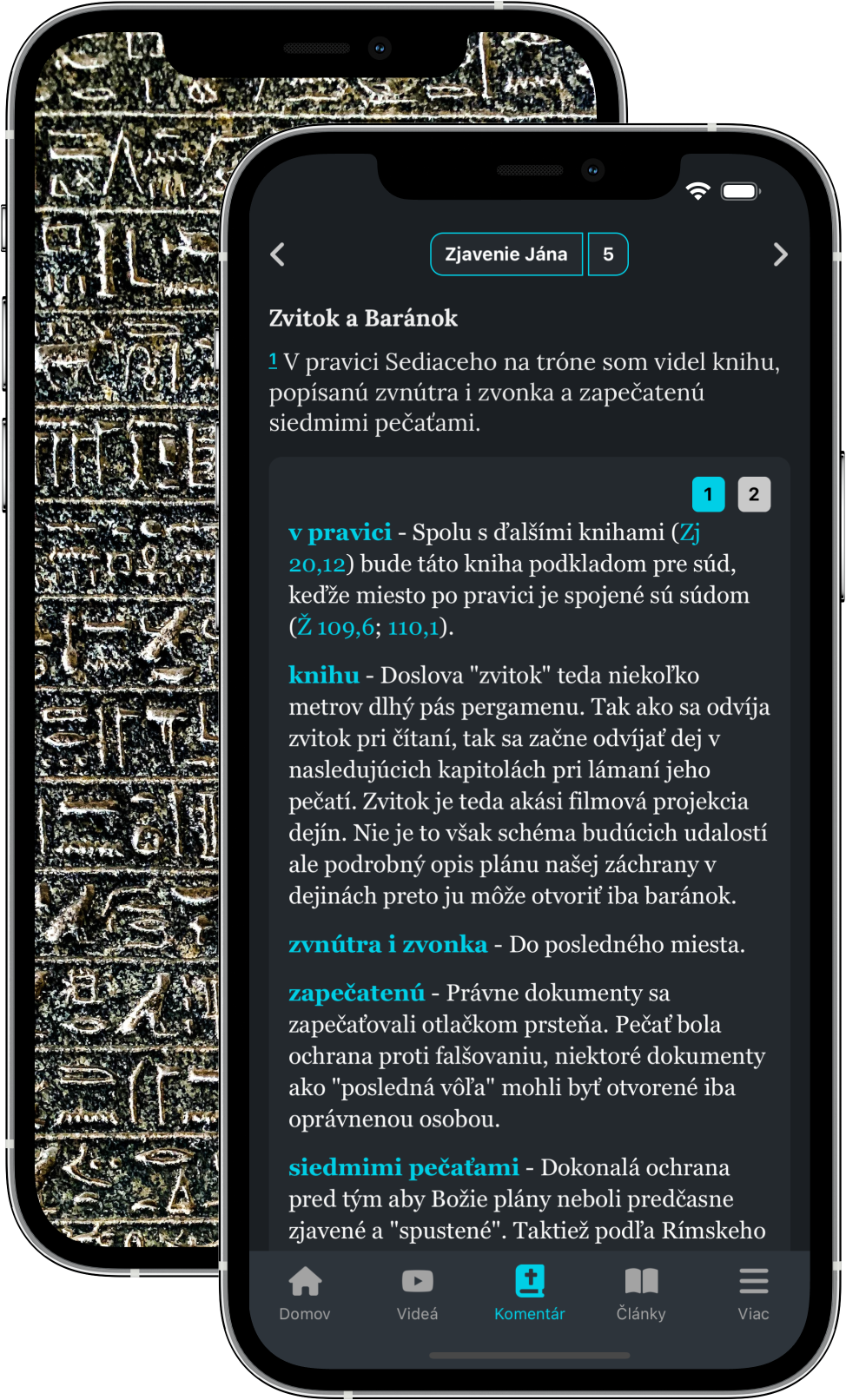 Dva telefóny s hieroglyfmi a biblickým výkladom